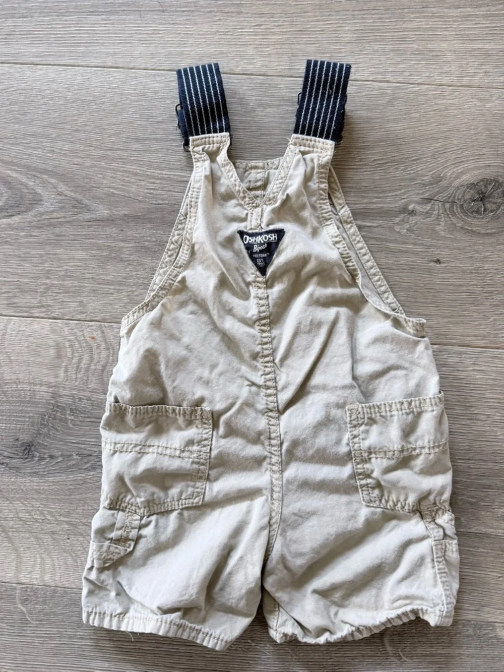 OshKosh B'gosh Tan Short Overalls with Navy Stripe Straps